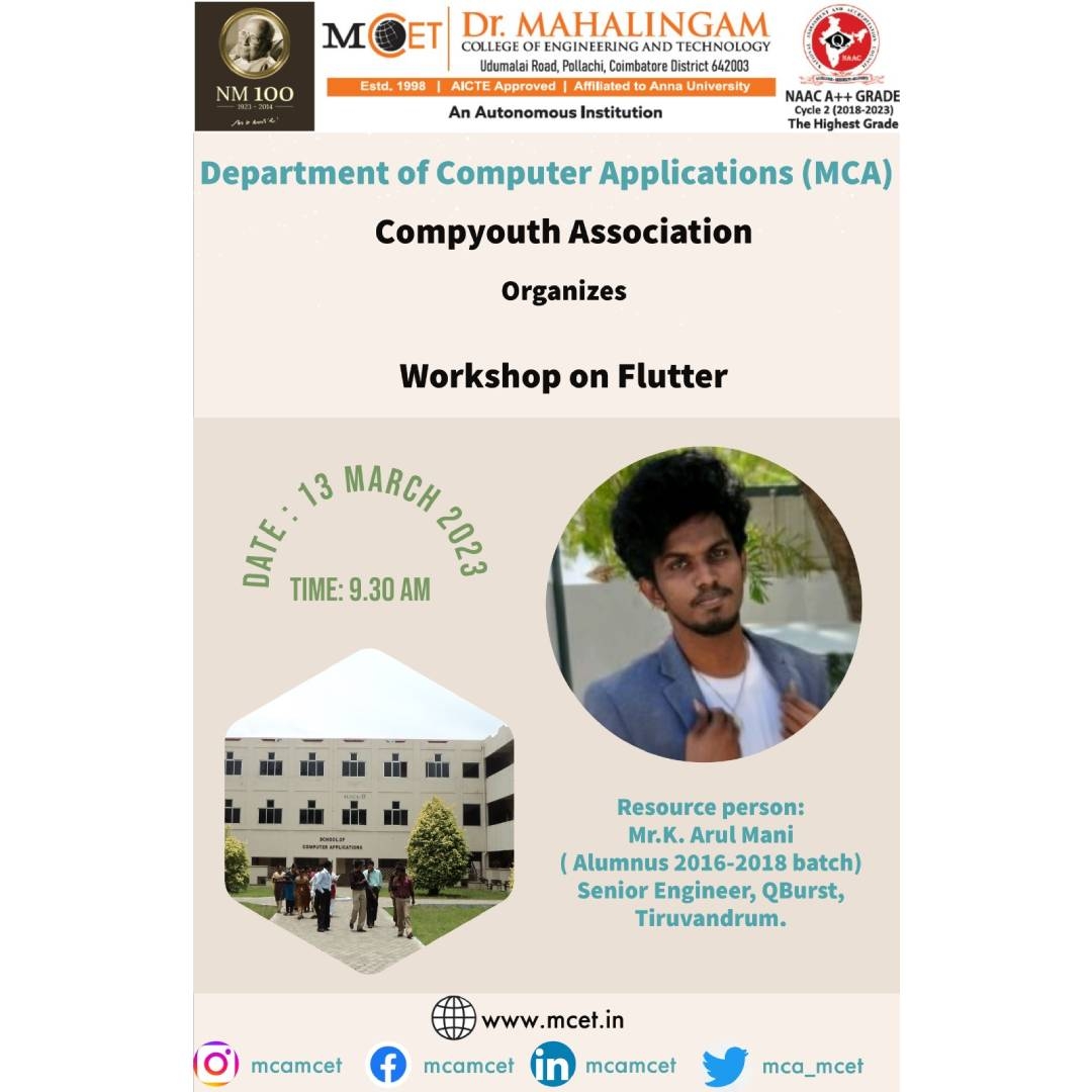 Workshop on Flutter by Mr. K. Arul Mani (Alumnus-MCA, 2016-2018 batch)